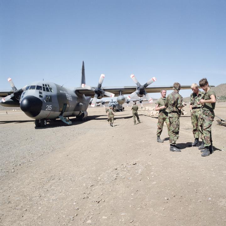 A pair of RAF Hercules deployed on Operation BUSHEL, the name given to Britain’s contribution to the Ethiopian famine relief efforts conducted in the mid 1980s.